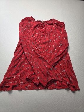 GAP Red Floral Tie-Neck Long-Sleeve Blouse, Size L